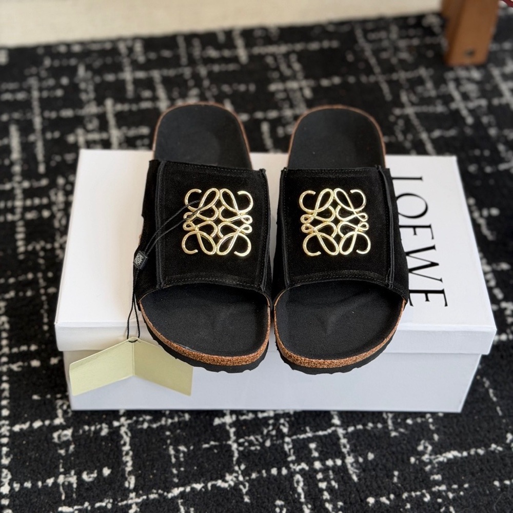 LOEWE Men's Black Velvet Slide Sandals with Gold Anagram